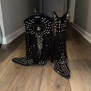 Greyson Black Studded Fringe Heeled Boots